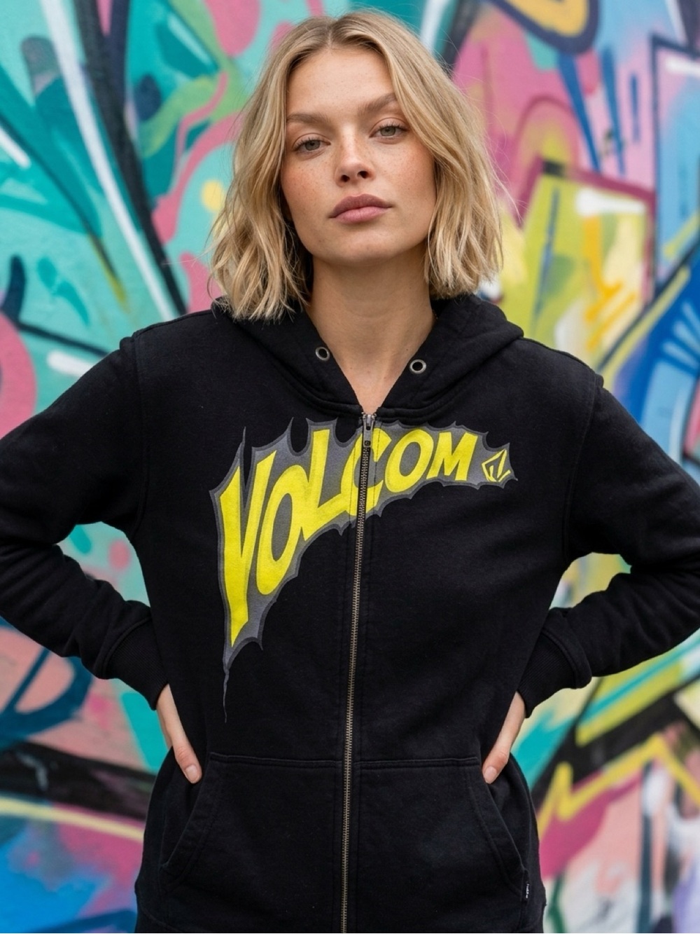 Volcom Black Zip Hoodie with Yellow Graphic Logo
